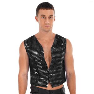 Débardeurs pour hommes Veste à boutons pour hommes Paillettes scintillantes Haut sans manches Gilet de danse jazz Femmes Hip Hop Performance Costume Ourlet Gilets