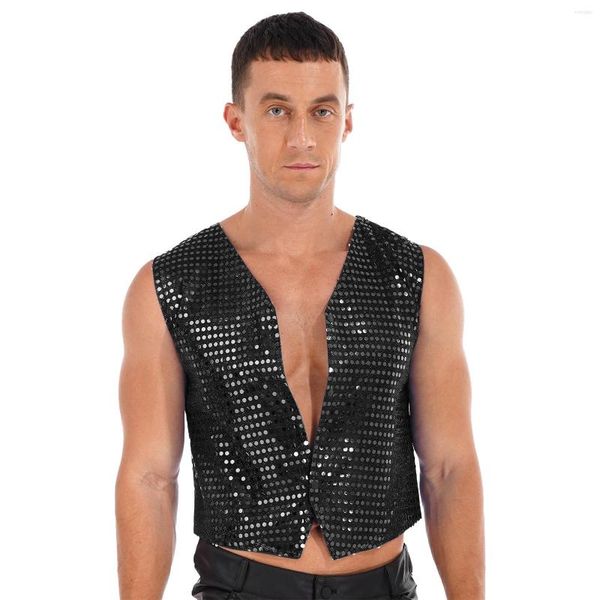 Débardeurs pour hommes Veste à boutons pour hommes Paillettes scintillantes Haut sans manches Gilet de danse jazz Femmes Hip Hop Performance Costume Ourlet Gilets