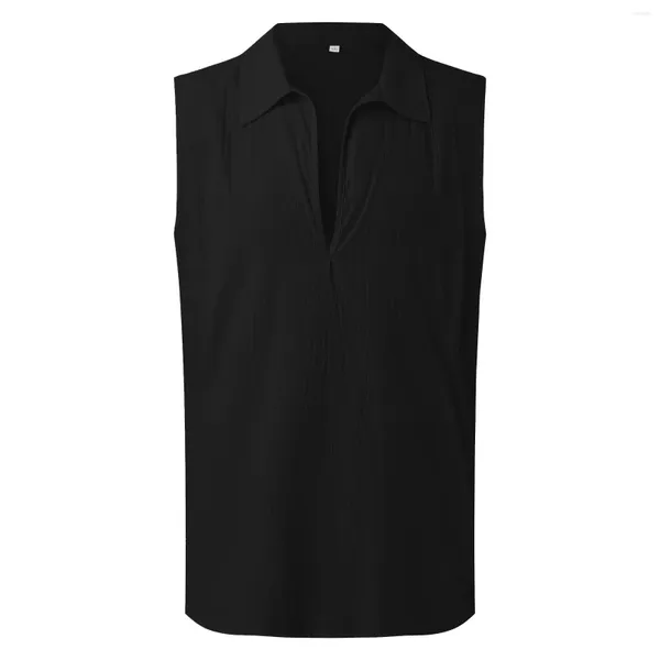 Camisetas sin mangas para hombre Chaleco de lino de algodón para hombre Clásico Vintage Color sólido Cuello de solapa Flaco Cuello en V Chalecos sin mangas Verano Ocio Streetwear