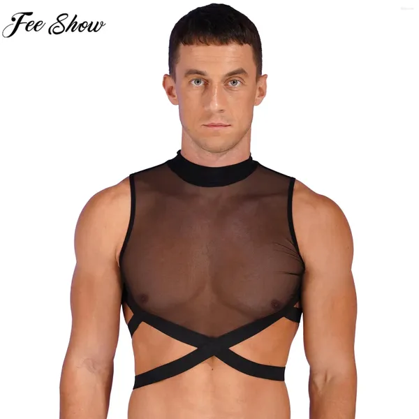 Tobs de débardeur masculine masculins sexy mesth crop top top sans manches zipper élastique crisscross gilet à lanière pour rave fête pole danse musique