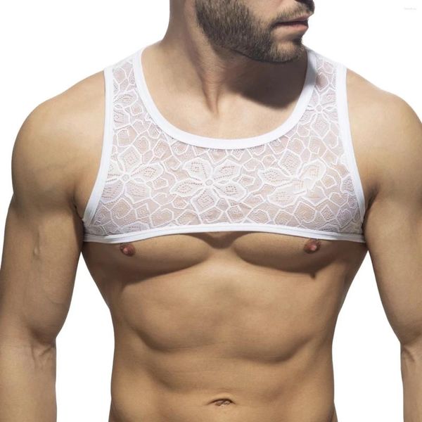 Débardeurs pour hommes Hommes Sexy Transparent avec motif de fleurs Crop Top Sous-vêtements Col rond sans manches Poitrine Muscle montrant des réservoirs Clubwear