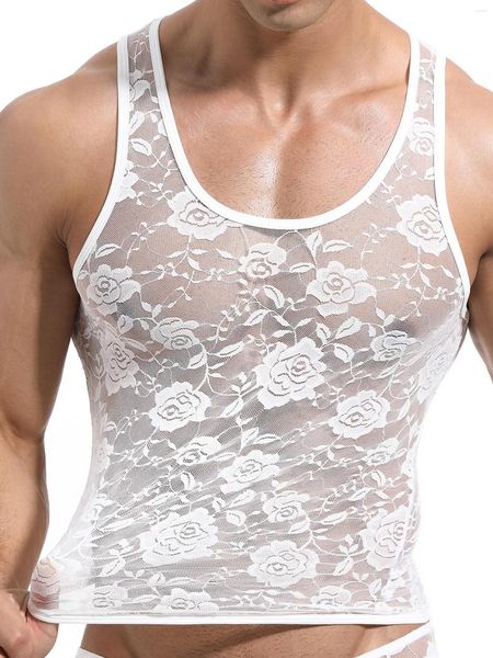 Camiseta sin mangas para hombre, camiseta interior de encaje de malla transparente sexi para hombre, camiseta sin mangas con estampado Floral, chaleco ajustado muscular, camiseta para discoteca (negro M)