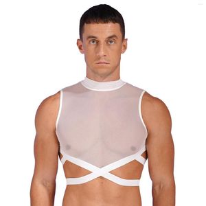 Débardeurs pour hommes Débardeurs en maille transparente pour hommes sans manches avec fermeture éclair au dos élastique à bretelles t-shirts haut court gilet Rave Party vêtements de nuit Clubwear