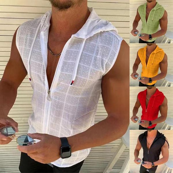 Tobs de débardeur masculins pour hommes à capuche solide HOODED TOP RETRO Retro Fashionable Casual Casual Sans manches 2024 Spring and Summer Style