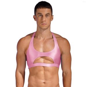 Tanktops voor heren Rekbare mouwloze crop top voor heren Glanzende uitsparing Halter Bodybuilding Vest Effen kleur Gym Fitness Body Shapes Clubwear