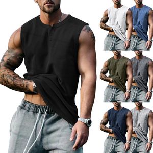 Mannen Tank Tops Heren Summe Katoen Linnen Vest Effen Kleur Losse Knop V-hals Zak Mouwloos T-shirts Mannelijke streetwear Kleding