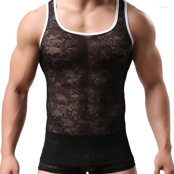 Hommes débardeurs hommes été Style Transparent dentelle fleurs motif hommes maillot de corps haute qualité gilet Singlets sans manches col rond