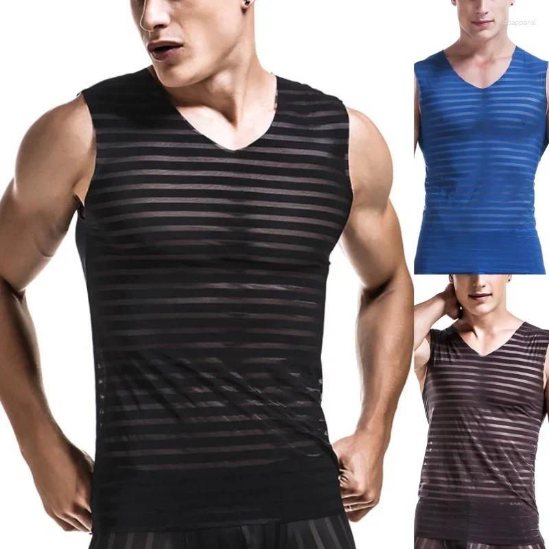 Herrtankstoppar Mens Top Thin Fitness Sports Ice Silk Non-Marking Vest Summer Skinny ärmlös t-shirt snabbtorkande undertröja