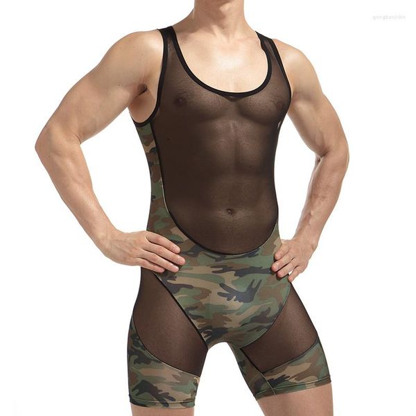 Débardeurs pour hommes Mesh Mens Undershirt Sexy Camouflage Justaucorps Combinaison Wresting Singlet Bodywear Ultra-mince