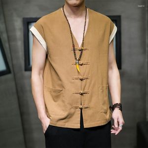Tanktops voor heren MrGB China-stijl katoenlinnen vest Trendgesp Mouwloos Tangpak Baggy Zacht vest met contrasterende kleur