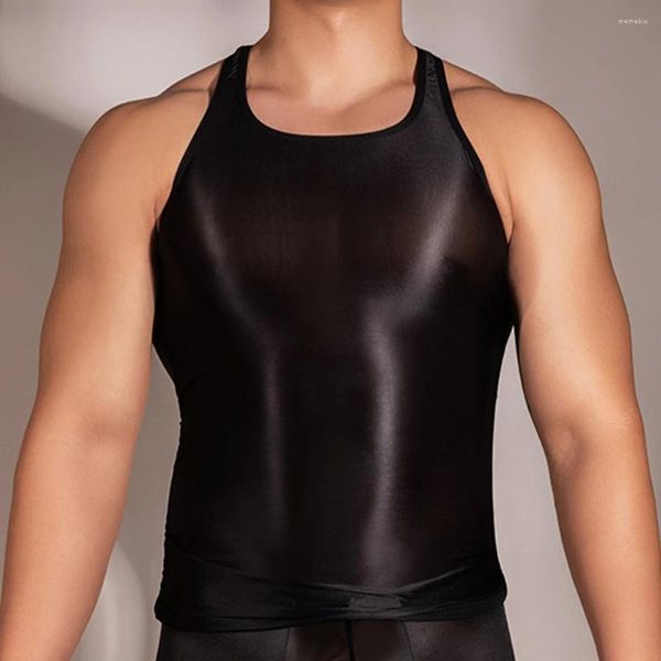 Camisetas sin mangas para hombre, camiseta con transparencias sin mangas brillante al óleo, chaleco Sexy de verano para gimnasio, deporte, culturismo, camisetas de Yoga, chalecos, ropa