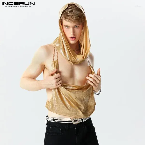 Tabring pour hommes Party Nightclub Style Incerun Fashion Flash Tissu Films Swey Hooded Swing Collar sans manche