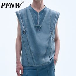 Débardeurs pour hommes PFNW printemps été High Street Denim Double couche col en V haut couleur unie beau personnalité ample 28A2817 230718