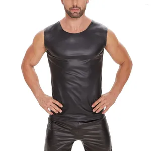 Débardeur en cuir brillant pour hommes, grande taille, doux et mat, T-Shirts sans manches, col rond, haute élasticité, gilet façonnant, Sexi