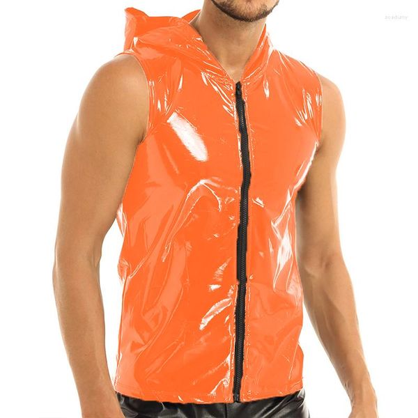 Hommes Débardeurs Punk Mode Wetlook PVC En Cuir Sans Manches À Capuche Top Hommes Avec Zip Homme Hip Hop Sexy Clubwear Gym Chemise Chandails Casual