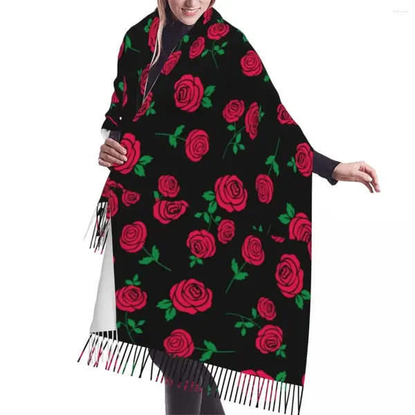 Camisetas sin mangas para hombre, patrón de rosa roja en negro, Bufanda de invierno, chales, abrigo, bufanda cálida para hombre y mujer, bufandas con borlas