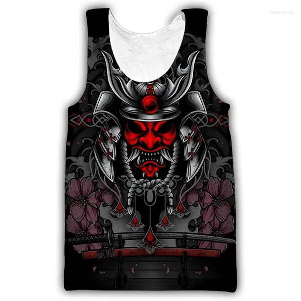 Tops de débardeur pour hommes Retro Japonais Samurai Armure Masque Tatouage Men Top Harajuku Vest de mode 3D TEES sans manches imprimées