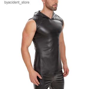 Débardeurs pour hommes S-7XL Sexy Mens PU Faux Cuir Été Rock Punk Gilet Sans Manches Solide Noir À Capuche Tee Shirt Gilets Réservoirs Tee Tops Vêtements L240320