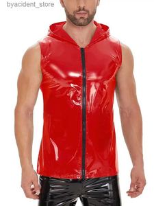 Débardeurs pour hommes S-7XL sans manches brillant Faux cuir PU débardeur aspect mouillé PVC gilet à capuche collants gothique Hip Hop chemise Muscle Hot Shapers L240319