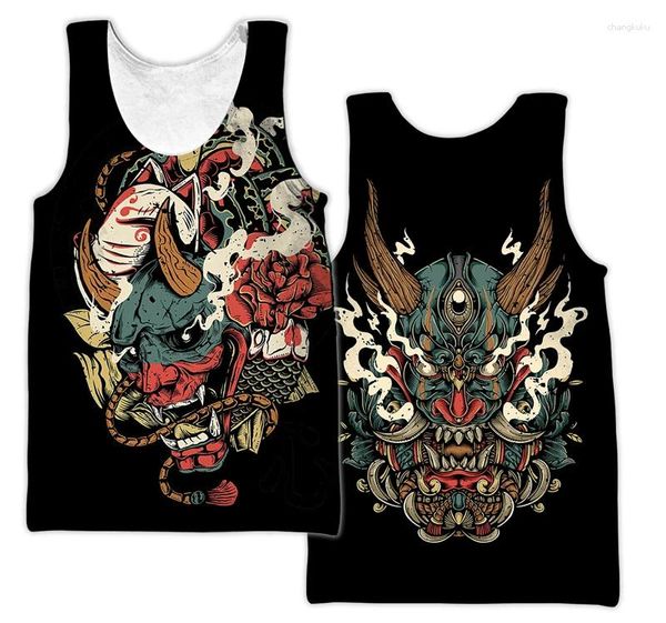 Camisetas sin mangas para hombre, máscara Samurai Oni, tatuaje 3D completamente estampado, chaleco para hombre, camiseta sin mangas Harajuku de verano, camiseta informal Unisex de poliéster