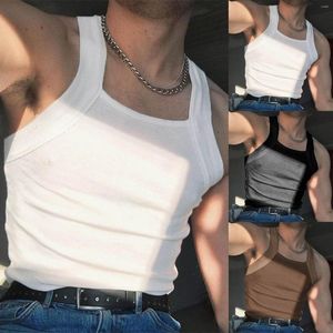 Men's Tank Tops Sexy Breathable Solid Vest Top Streetwear Summer Square Collar Men T Shirt Sleeveless Fashion Striped Strap Pullover