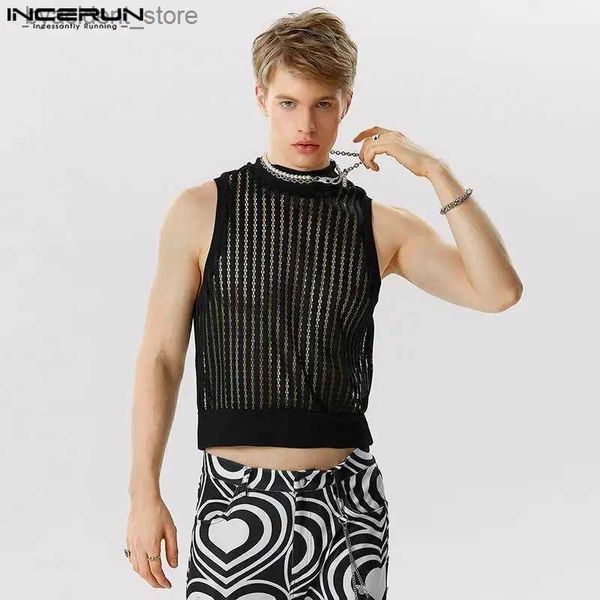 Camisetas sin mangas para hombre Tops de estilo de moda sexy Tops para hombre guapo Malla a rayas de punto Micro Camisetas sin mangas transparentes Chalecos de cuello medio alto S-5XL L240319