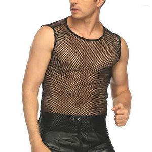 Camisetas sin mangas para hombre, chaleco transparente de rejilla Sexy, cuello redondo, sin mangas, malla negra sólida, camisetas ajustadas, chalecos, tanques