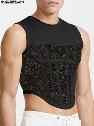 Männer Tank Tops Sexy Freizeit Spitze Panel Stretch Weste Stilvolle Männliche Abgerundetem Saum Bequem Ärmellos S5XL INCERUN 2023 230630