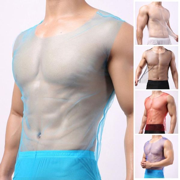 Débardeurs pour hommes T-shirt d'été en maille transparente pour hommes sexy voir à travers les réservoirs d'entraînement de gymnastique en résille haut gilet sous-vêtements gay hors épaule chemisesme