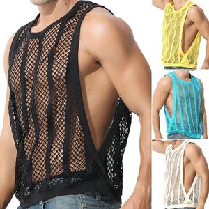 Mannen Tank Tops Sexy Mannen Mesh Vest T-Shirt Mouwloos Ronde Hals Holle Zomer Casual Muscle Man T-shirt Tee Streetwear voor Mannelijke