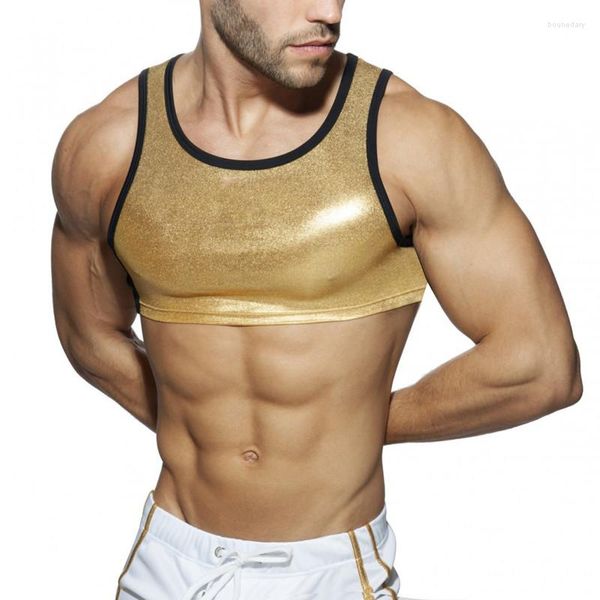 Débardeurs pour hommes Sexy Hommes Brillant Métallique Clubwear Faux Cuir T-shirts Sans Manches Gilet Mâle Muscle Stage Crop Pour Soirée Courte