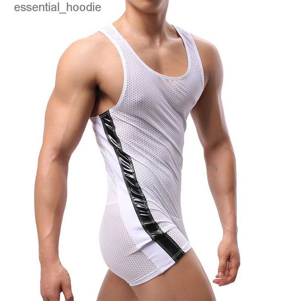 Camisetas sin mangas para hombres Sexy Men Undershirt Leotard Mesh PU Mono de cuero Transpirable Body Boxers Lucha Singlet Culturismo Deportes Ropa interiorC24318