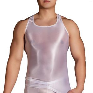 Débardeurs pour hommes Sexy Mens Scoop Neck Short Sleeve Tight Pull Round Glossy Ultra-Thin High Stretch Top Pour Bodybuilding Gym