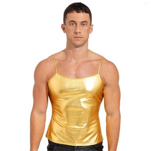 Mannen Tank Tops Sexy Mens Glanzend Lakleer Spaghettibandjes Mouwloos Vest Top Metallic Dance Hip Hop Stage Performance Kostuum