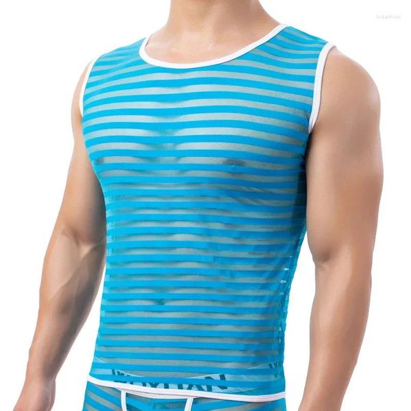 Débardeurs pour hommes Sexy Mens Stripe Mesh Voir à travers des T-shirts sans manches Lounge Home Undershirts Gilets pour hommes Gym Fitness Sports Tees