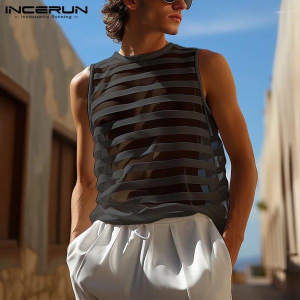 Cuelas de tanques para hombres Sexy Style Style Incerun Horiz Horizontal Mesh Perspective Vests Fashion Party Male Sleeveless S-2xl