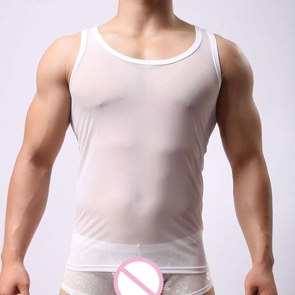 Camisetas sin mangas para hombre, camiseta interior Sexy para hombre, camiseta interior transparente de malla, camiseta sin mangas transparente, chaleco transpirable para culturismo y Fitness