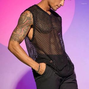 Mannen Tank Tops Sexy Transparant See Through Mesh Mannen Zomer Mode Losse V-hals Mouwloos Hol Vest Y2K Heren streetwear