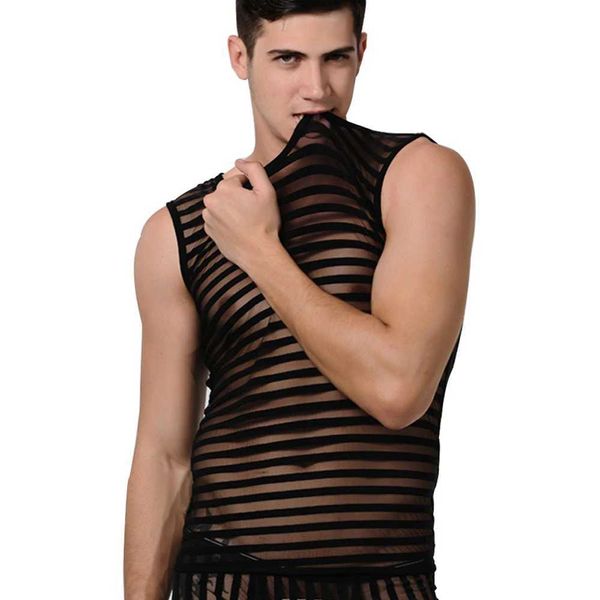 Tobs de débardeur pour hommes Sexy Vest Mens Transparent Underwear Summer Summer Top Mesh Gym Shirt Black Striped Vest Fitness Suit Y240507