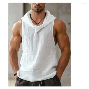 Men tanktops mouwloze T -shirt basketbalvest zomer katoen en linnen gepersonaliseerd witte capuchon casual sweatshirt