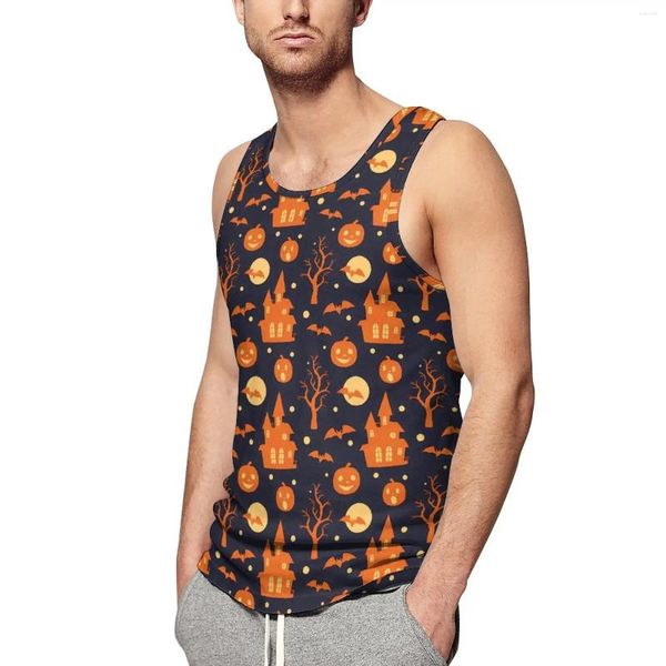 Camisetas sin mangas para hombre, Top de murciélagos de calabaza espeluznantes, ropa de calle festiva de Halloween, entrenamiento en la playa, camisas sin mangas con patrón masculino de talla grande