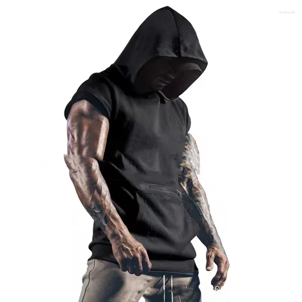 Débardeurs pour hommes Tops Gilet de sport à capuche T-shirt sans manches Poche zippée Hip Hop Streetwear Entraînement élastique pour hommes Camisole Vêtements