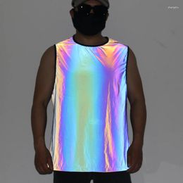 Débardeurs pour hommes Été 2023 Chemise sans manches réfléchissante colorée Hommes Hip Hop Top Homme Street Style Night Reflect Light Vest