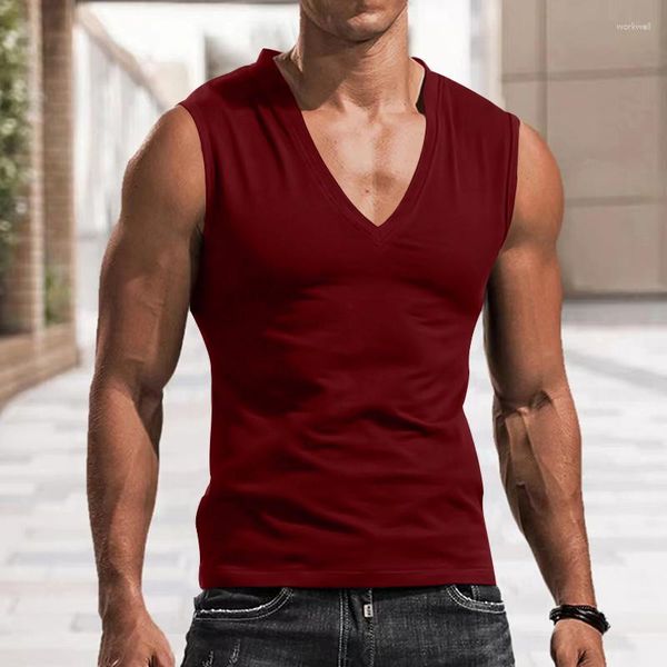 Débardeurs pour hommes vêtements d'été sans manches col en v couleur unie Simple gilet décontracté sport Fitness T-shirt peut être personnalisé