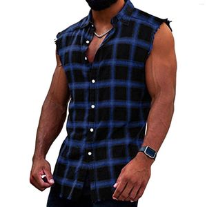 Mannen Tank Tops Zomer Fashion Casual Plaid Print Mouwloos T-shirt Vest Gesp Schuren 2023 Koreaanse Stijl Heren Strand