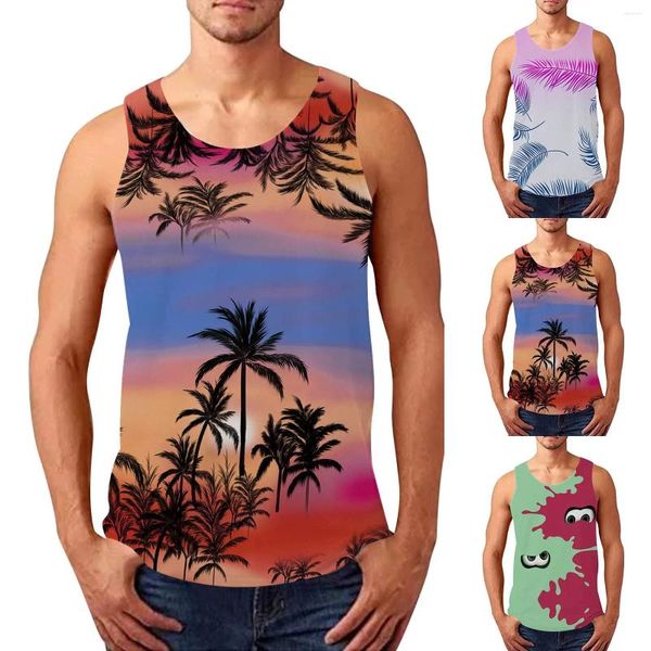 Camisetas sin mangas para hombre, Top de moda de verano, informal, suelto, deportivo, playa, estampado, chaleco, blusa, algodón fino