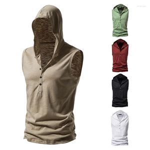 Camisetas sin mangas de verano para hombre, camiseta de algodón con articulación de bambú ligera sin mangas básica a la moda informal con capucha, ropa con botones superiores