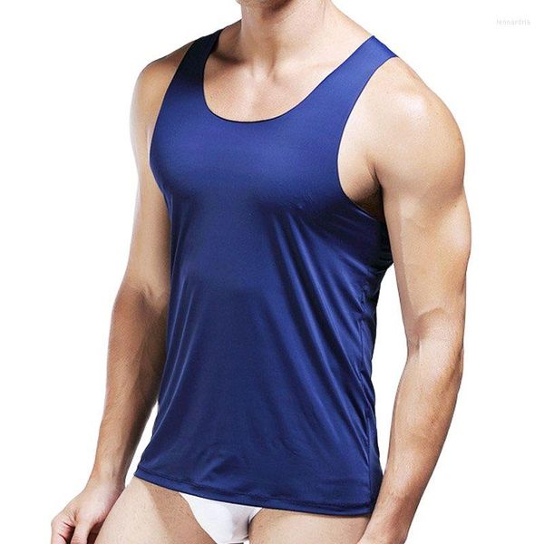 Camisetas sin mangas para hombre, camisetas interiores sin costuras de seda helada de verano para hombre, camiseta sin mangas con músculos, camisa Base ajustada, ropa interior masculina translúcida Sexy