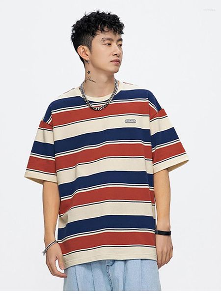 Camisetas sin mangas para hombre, ropa japonesa de verano para hombre, camiseta de pareja a rayas con empuje principal, Color de contraste suelto de manga corta