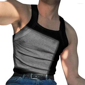 Camisetas sin mangas para hombres Hombres de verano Crujiente Casual Color Sólido Pit-Stripe Cuello cuadrado Tirantes Camis Tees Chaleco de fitness masculino Camiseta sin mangas